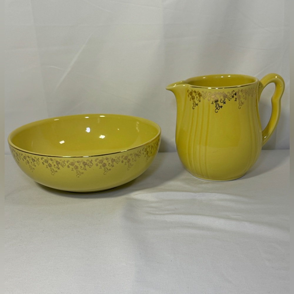 Vintage Hall’s Superior Quality Kitchenware Set Pitcher Bowl Yellow Gold Floral